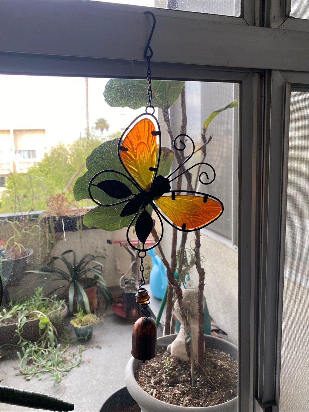 Amber Butterfly Stained faux Glass Window Hanging with bell